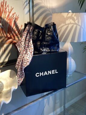 CHANEL Black Leather Drawstring Shoulder Bag